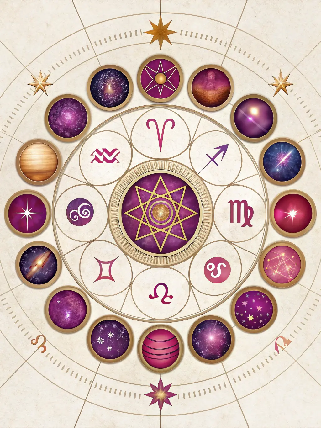 A harmonious blend of natural elements and astrological symbols, representing the integration of traditional wisdom into modern life.