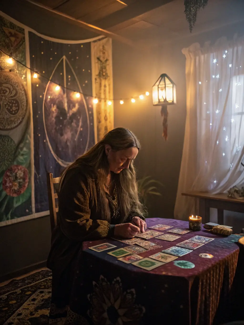 A serene image of a fortune teller reading palms, with soft lighting and a mystical atmosphere, symbolizing personalized guidance.