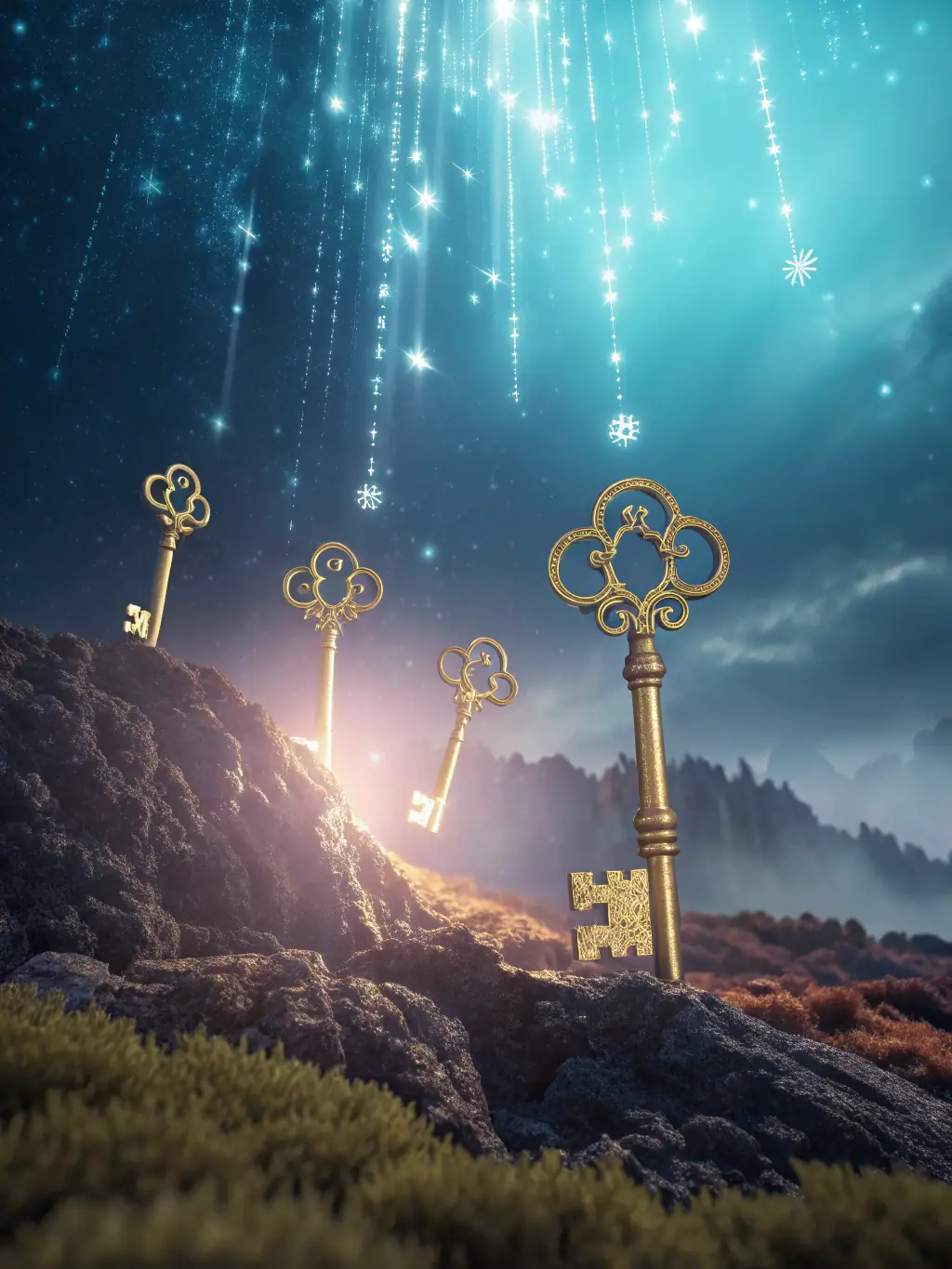A dreamscape image featuring symbolic elements like keys, doors, and landscapes, representing the subconscious mind and dream interpretation.