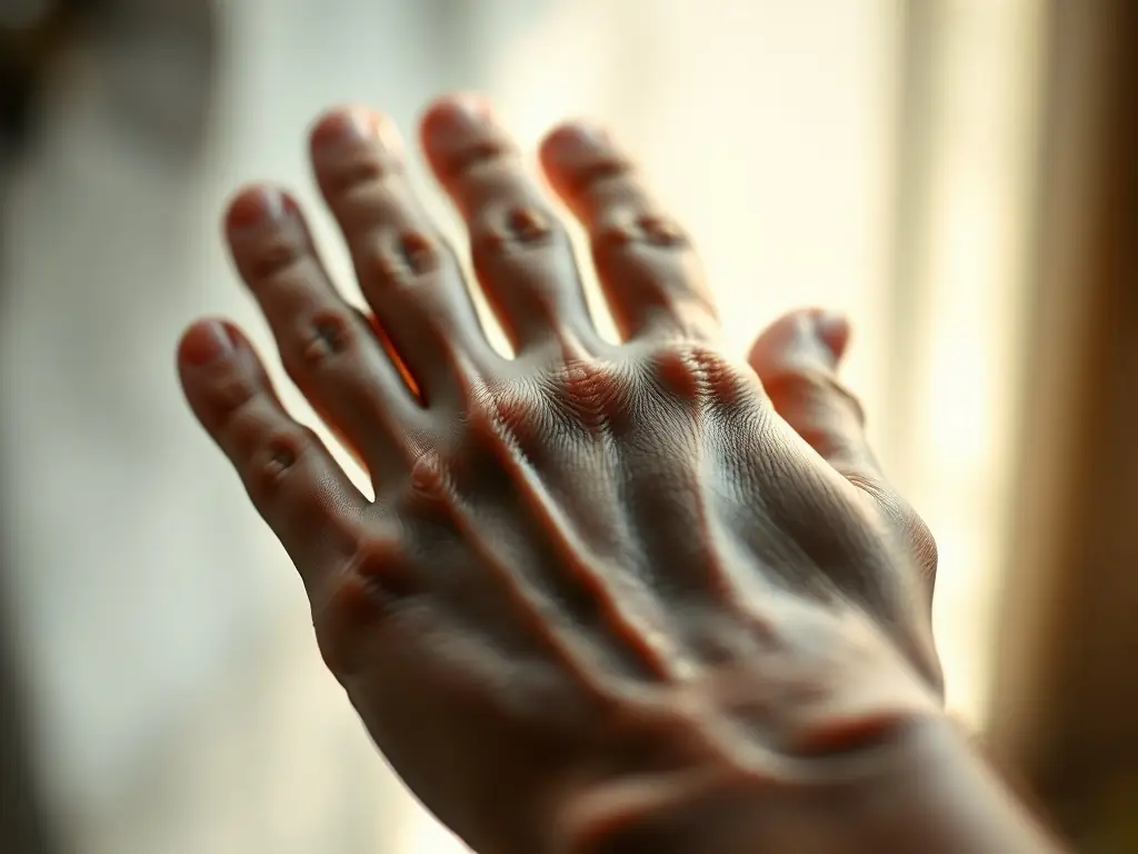 A close-up image of hands with visible palm lines, representing the Palmistry consultation service offered by Myungri Garden. The image should highlight the intricate details of the palm.