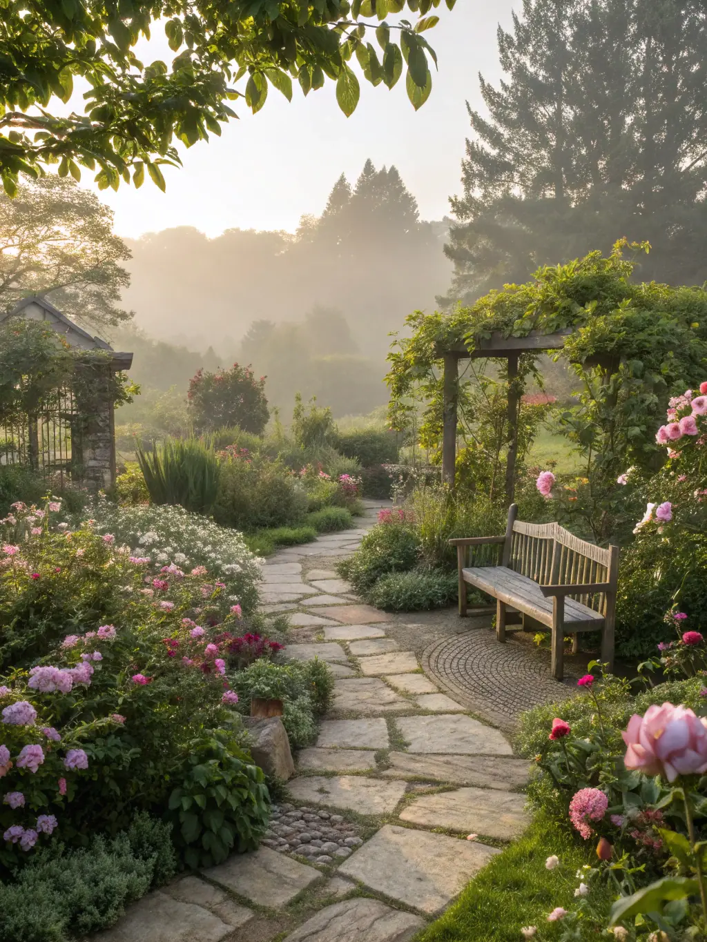 A serene image of a traditional Korean garden with lush greenery and a small pond, symbolizing harmony and balance, representing the essence of Myungri Garden's approach to life guidance.