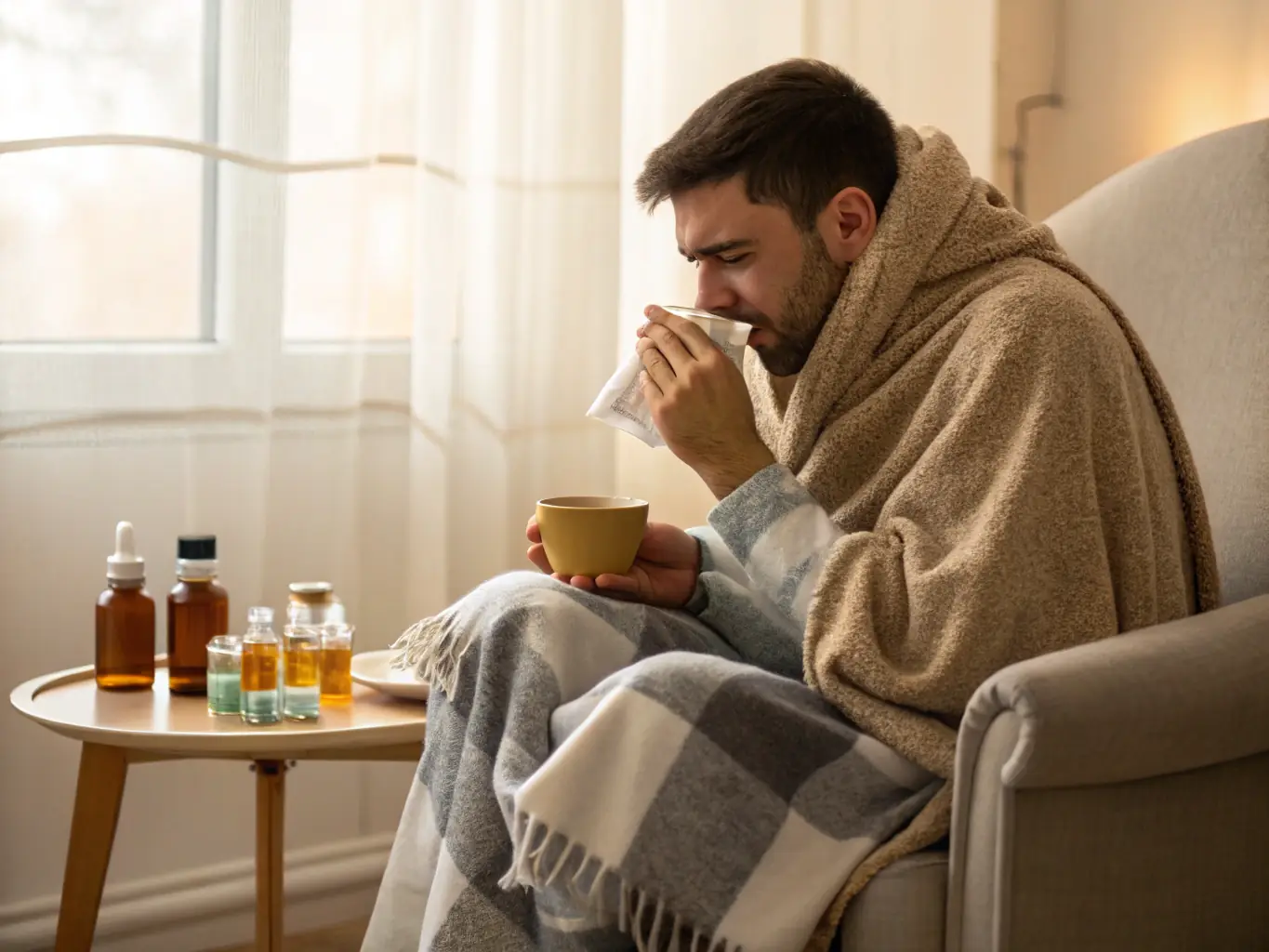 An image of a person with flu symptoms, such as fever and cough, highlighting the importance of early diagnosis and treatment.