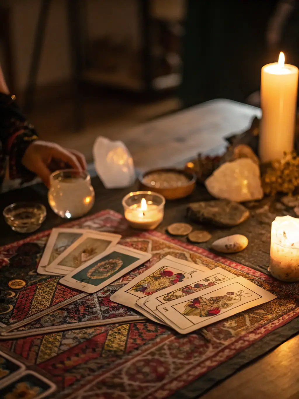 A serene image depicting a fortune teller reading cards under soft lighting, with ancient symbols subtly incorporated into the background, representing Personalized Fortune-Telling.